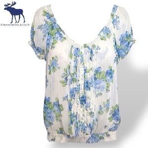 Abercrombie & Fitch Blue Floral Puff Sleeve Pleated Blouse Ruffle Sheer Top | M